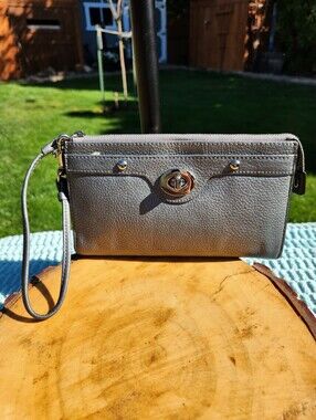 Project-Coach Leather Wristlet Clutch in Metallic Gray With Turnlock